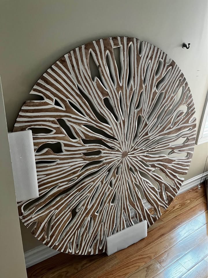 Hand-Carved Beige Wood Starburst Wall Decor