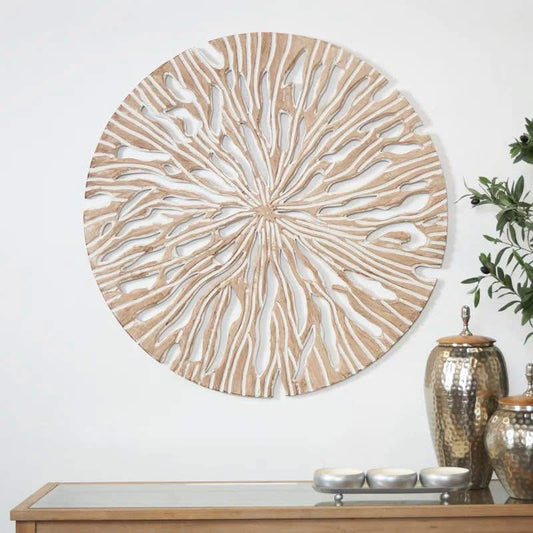 Hand-Carved Beige Wood Starburst Wall Decor