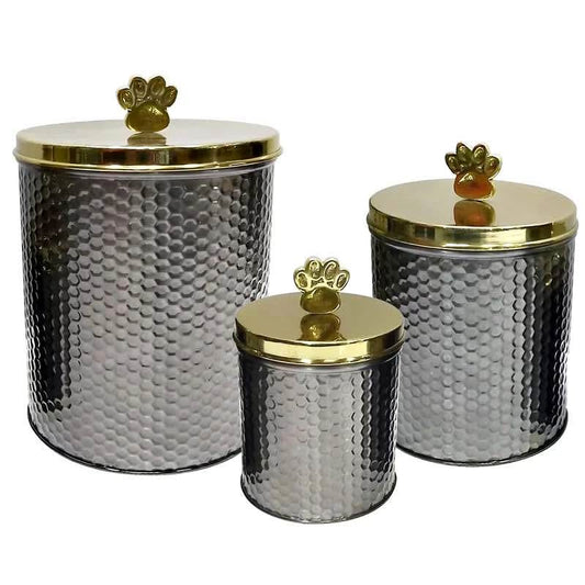 Black Nickel Embossed 3-Piece Pet Canister Set – Golden Paw Handle & Lid