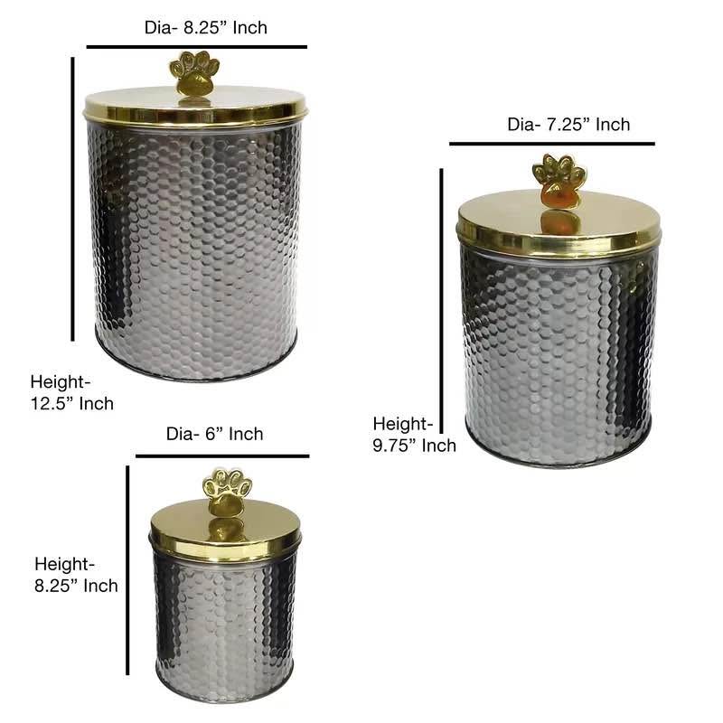 Black Nickel Embossed 3-Piece Pet Canister Set – Golden Paw Handle & Lid