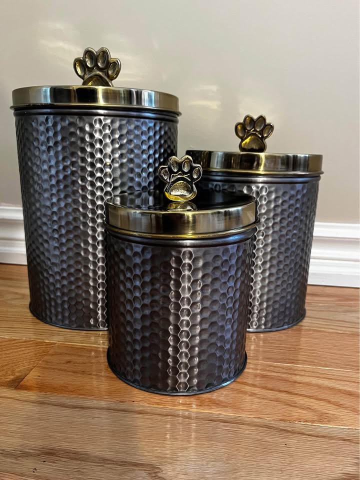 Black Nickel Embossed 3-Piece Pet Canister Set – Golden Paw Handle & Lid