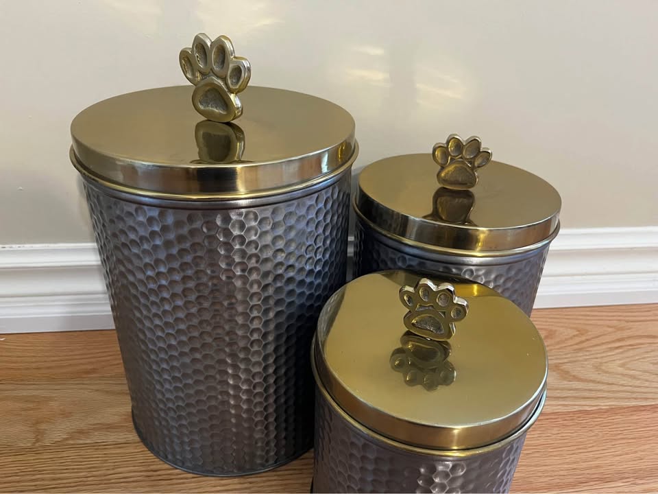 Black Nickel Embossed 3-Piece Pet Canister Set – Golden Paw Handle & Lid