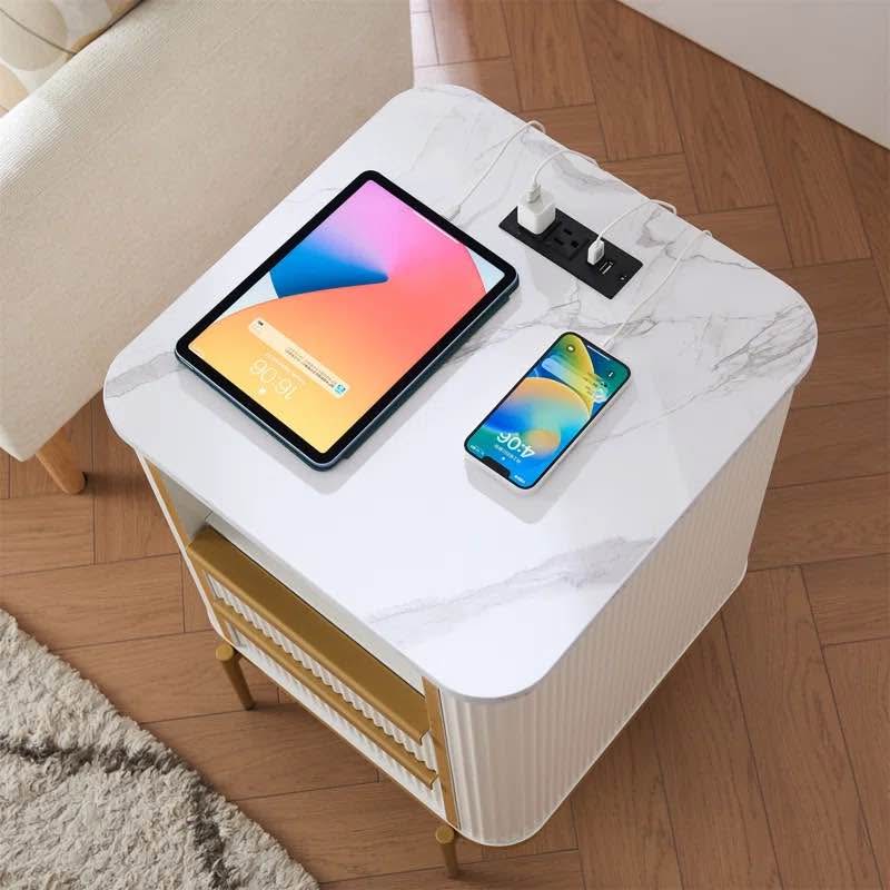 Rosaly 2-Tier Nightstand with Marbleized Desktop & Smart Charging Station