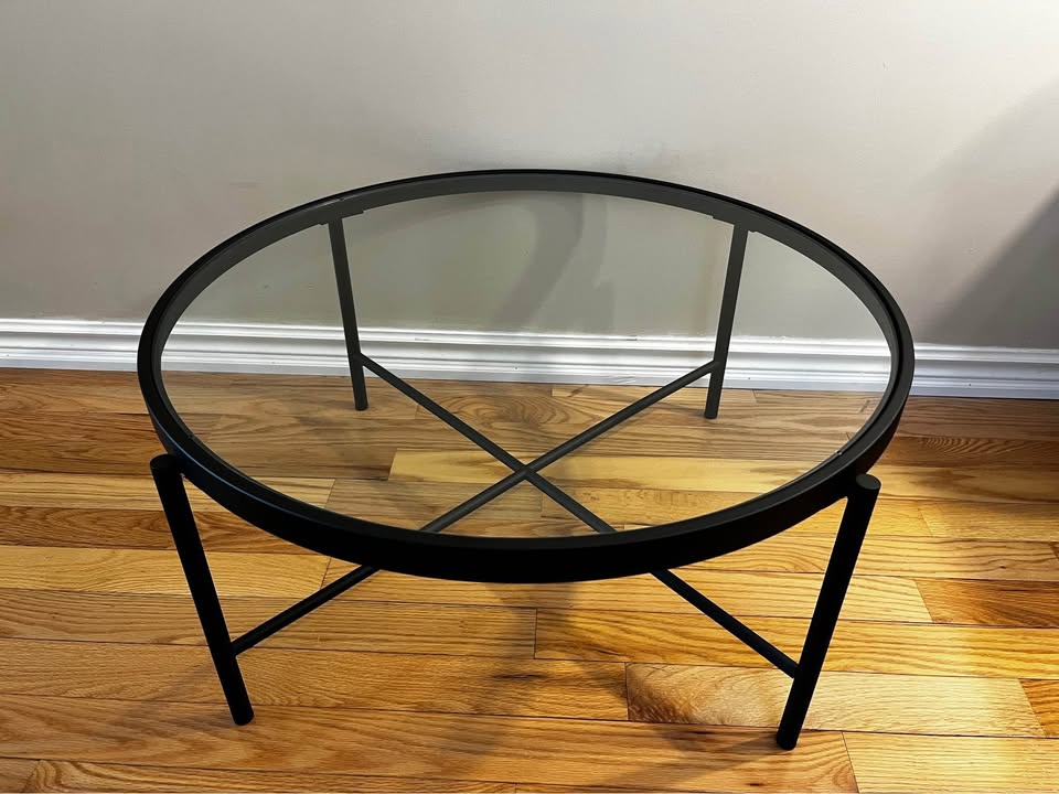 36" Round Glass and Steel Coffee Table – Black Base