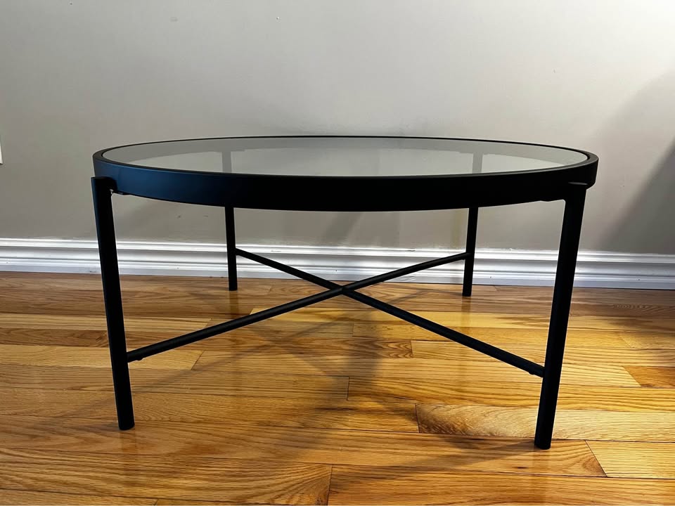 36" Round Glass and Steel Coffee Table – Black Base