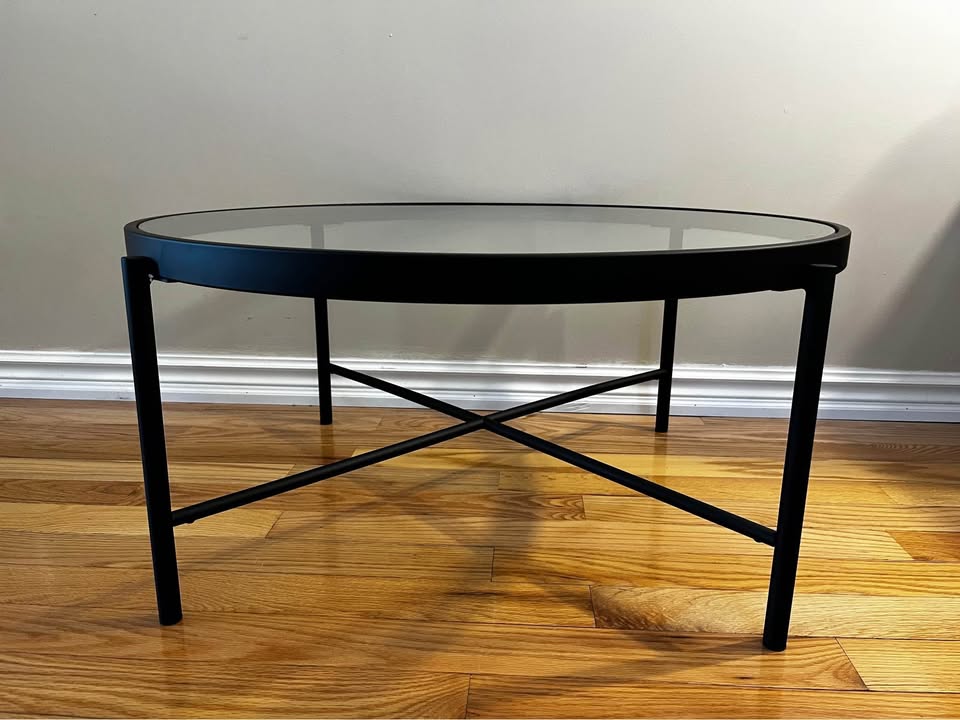 36" Round Glass and Steel Coffee Table – Black Base
