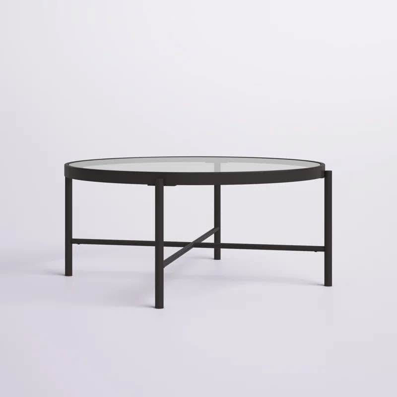 36" Round Glass and Steel Coffee Table – Black Base