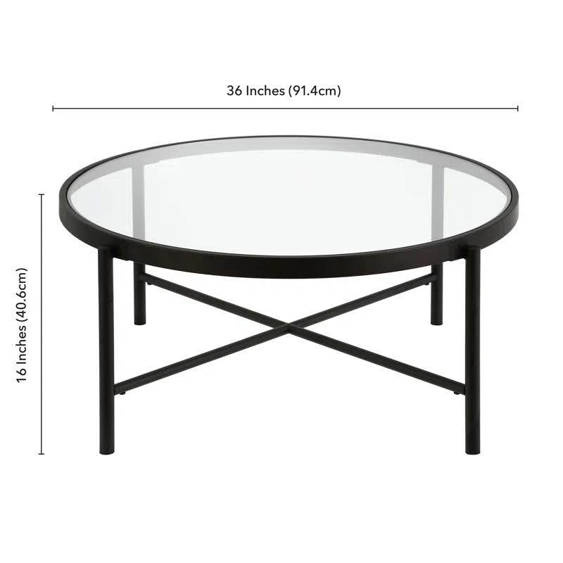 36" Round Glass and Steel Coffee Table – Black Base