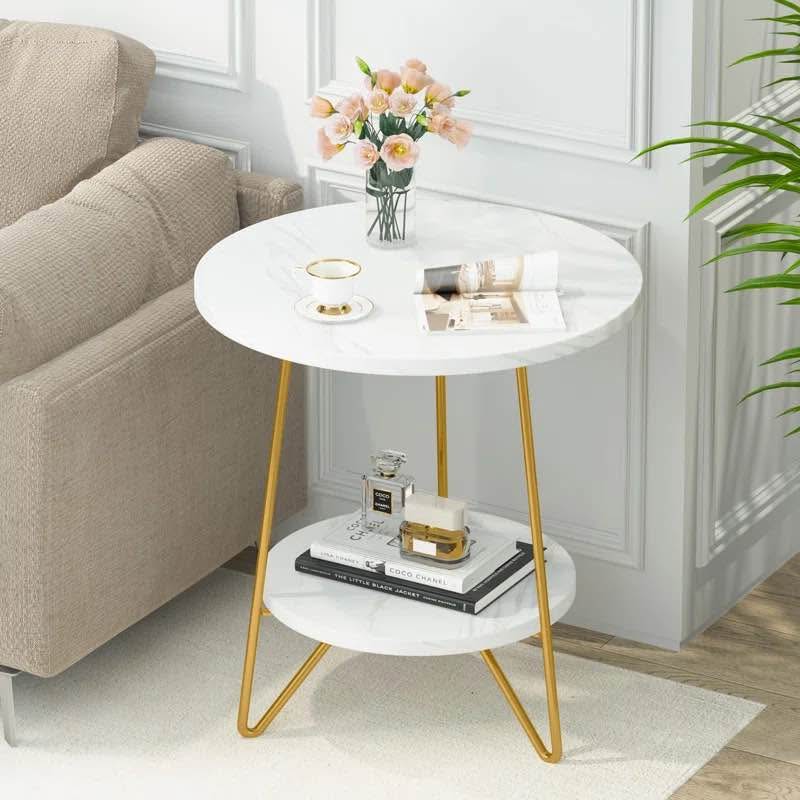 Modern Marble-Top End Table/Nightstand with Gold Frame