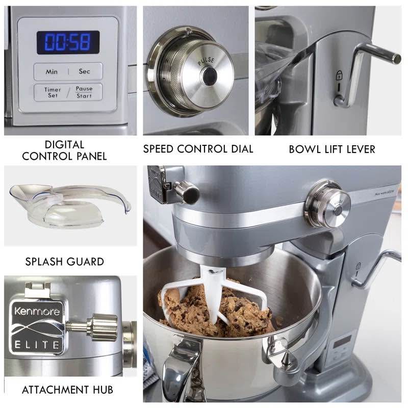 Kenmore Elite Heavy-Duty 6 Qt Bowl-Lift Stand Mixer – 600W – Silver