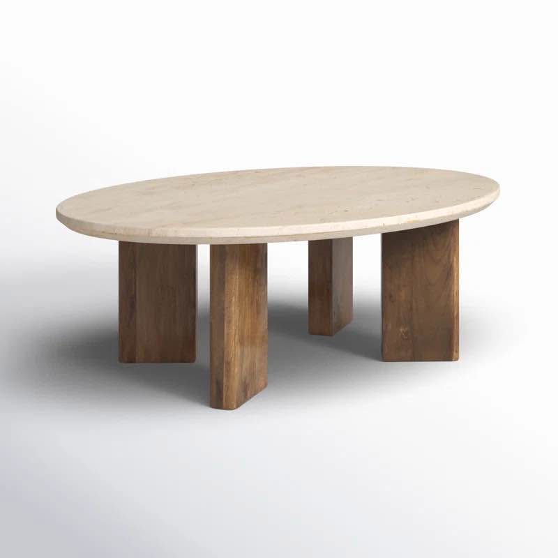 Rupani Oval Coffee Table – Travertine &amp; Mango Wood
