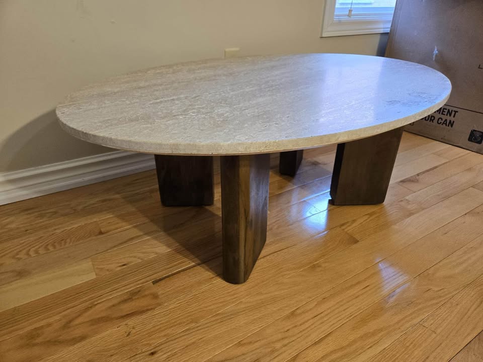 Rupani Oval Coffee Table – Travertine &amp; Mango Wood