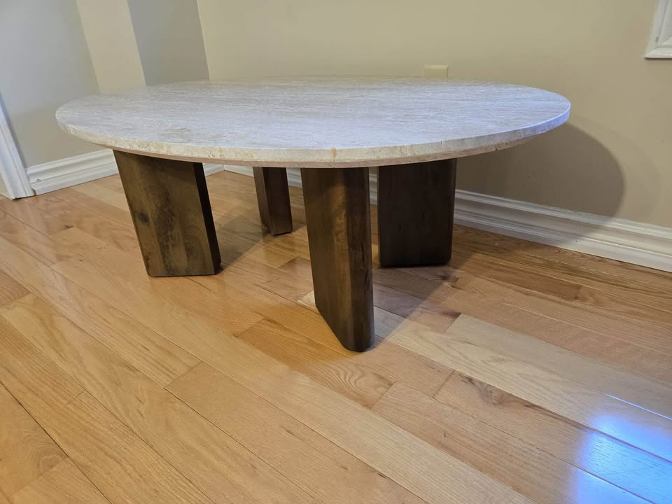Rupani Oval Coffee Table – Travertine &amp; Mango Wood