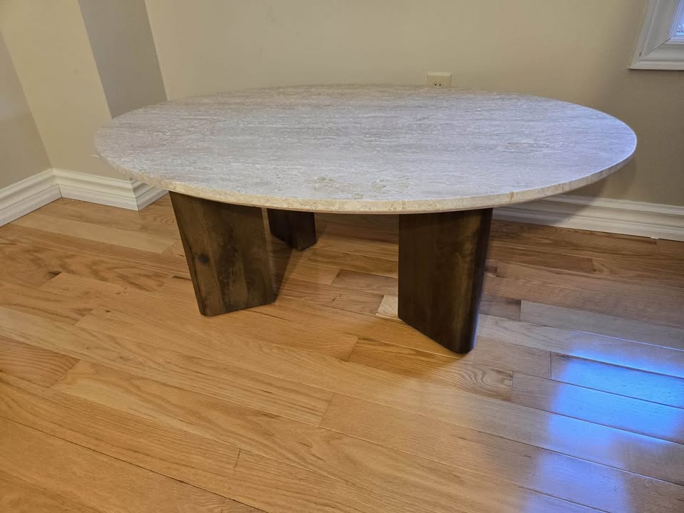 Rupani Oval Coffee Table – Travertine &amp; Mango Wood