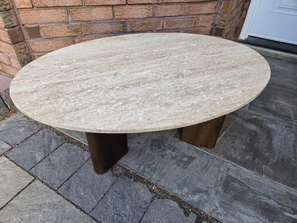 Rupani Oval Coffee Table – Travertine &amp; Mango Wood