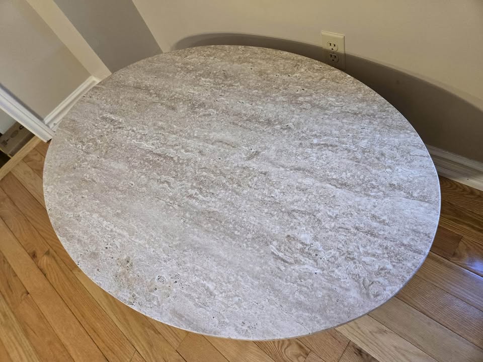 Rupani Oval Coffee Table – Travertine &amp; Mango Wood