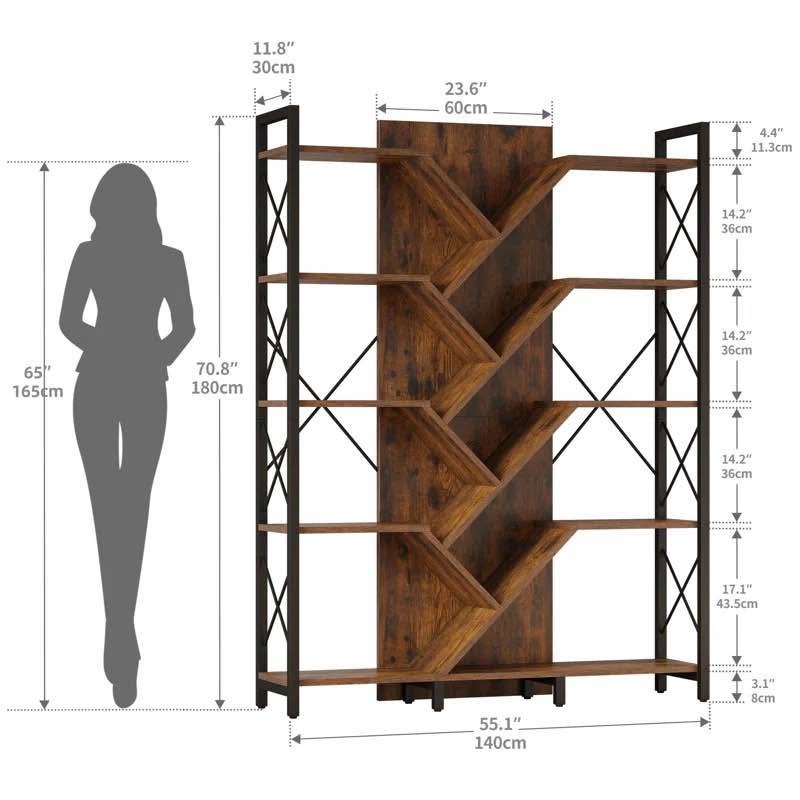 Mong 70" H x 55" W Industrial Display Shelves – Wood Etagere Bookcase